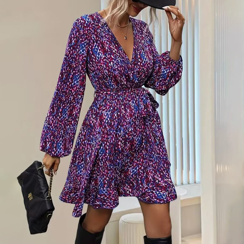 Women's Leopard Print Ruffle Hem Long Sleeve V Neck Belted A Line Dress