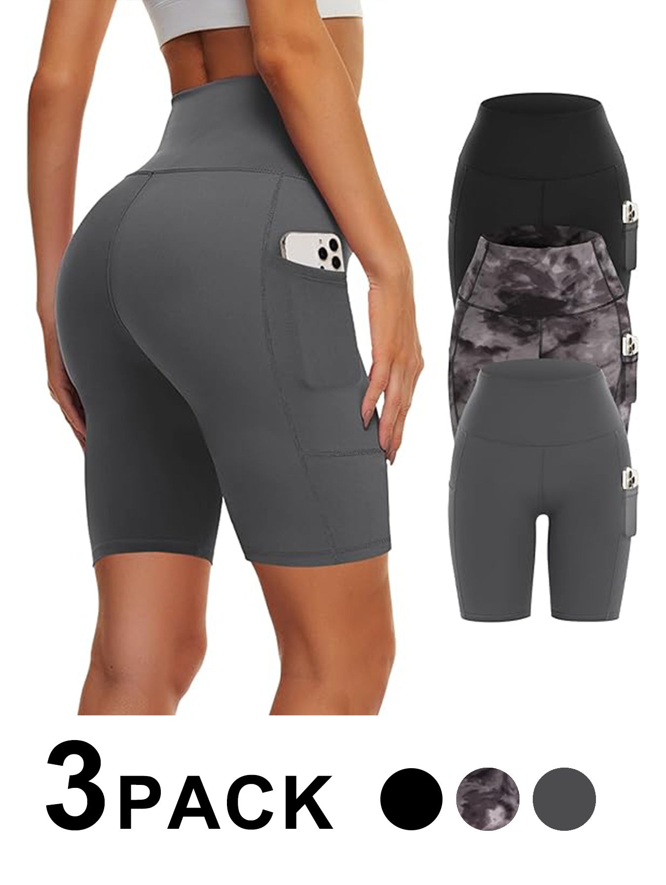 Yoga Pants - Three Points High Waist Polyester Double Grind 3 Black Black Tie-dye Dark Gray