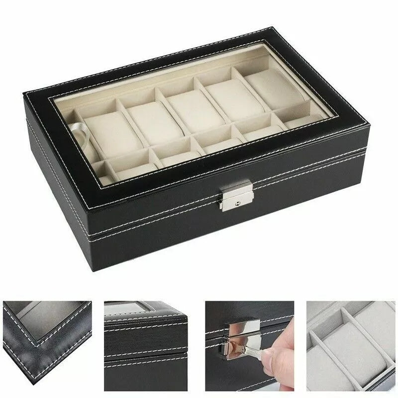 Watch Display Grid Box Lockable Case Faux Leather Jewellry Storage Organiser