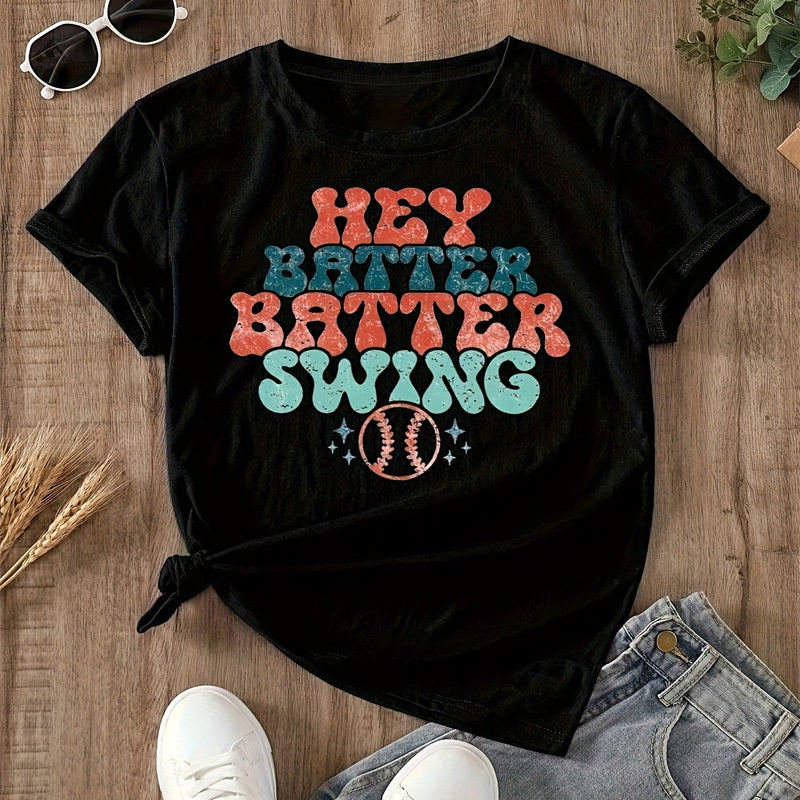 Women's 'HEY BATTER SWING' Baseball Graphic T-Shirt - Soft Short Sleeve Crew Neck Casual Top, Vibrant Cartoon Print