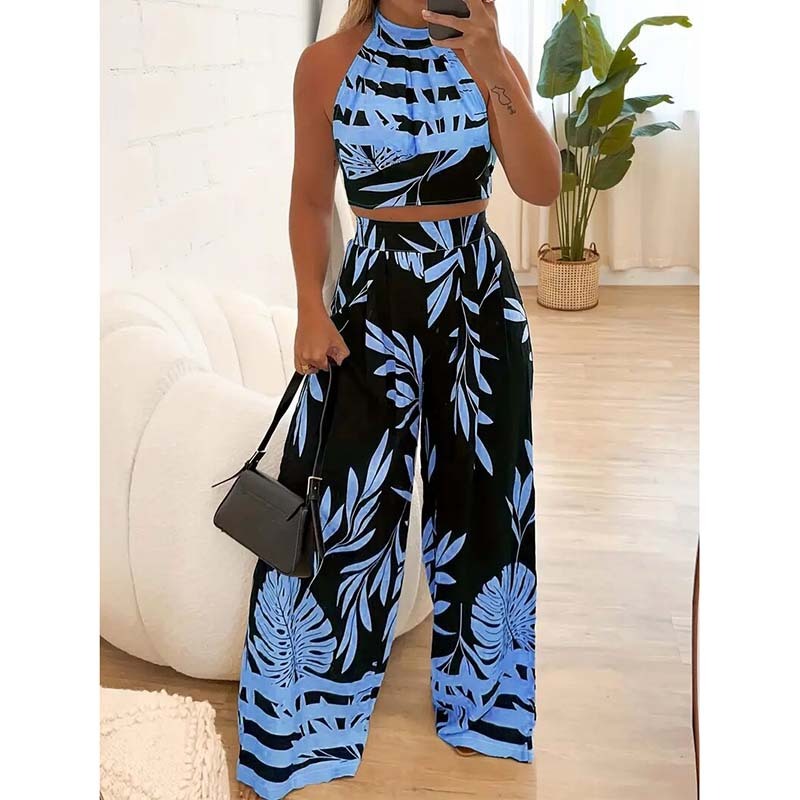 Women's 2 Piece Outfits Plants Graphic Print Crop Halter Top And Wide Leg Pants Set