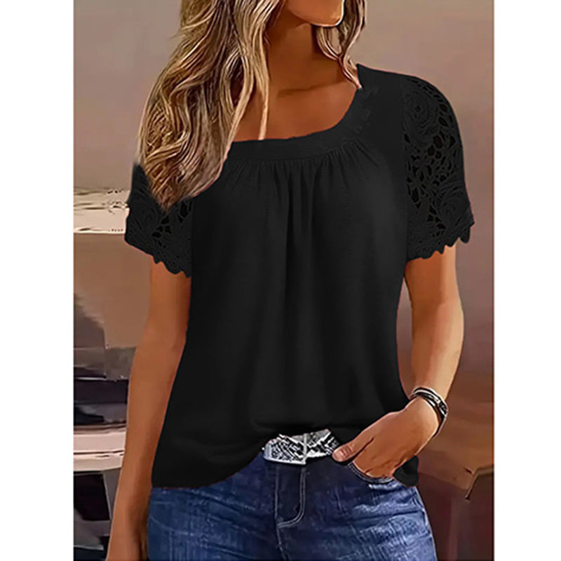 Womens Lace Short Sleeve Crew Neck T Shirts Summer Casual Tops Loose Fit Tees Blouses