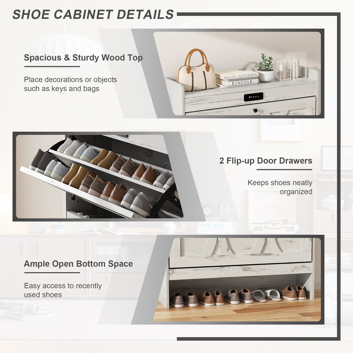 VFF Deodorizing Shoe Storage Cabinet With 2 Flip Drawers,LED Touchsreen Freestanding White