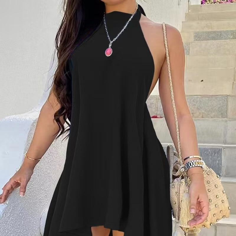 Women's Solid Color Neck Hanging Black Sexy Dress