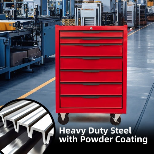 7-Drawer Rolling Tool Chest Cabinet, Large Capacity Metal Tool Box With Wheels And Cylinder Locking, Roll Around Storage Organizer Tool Cart For Garage, Warehouse, Work Shop - Red