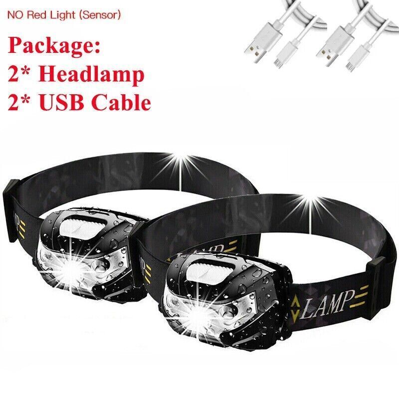 2x Super Bright Waterproof Head Torch Headlight LED USB Rechargeable Headlamp UK