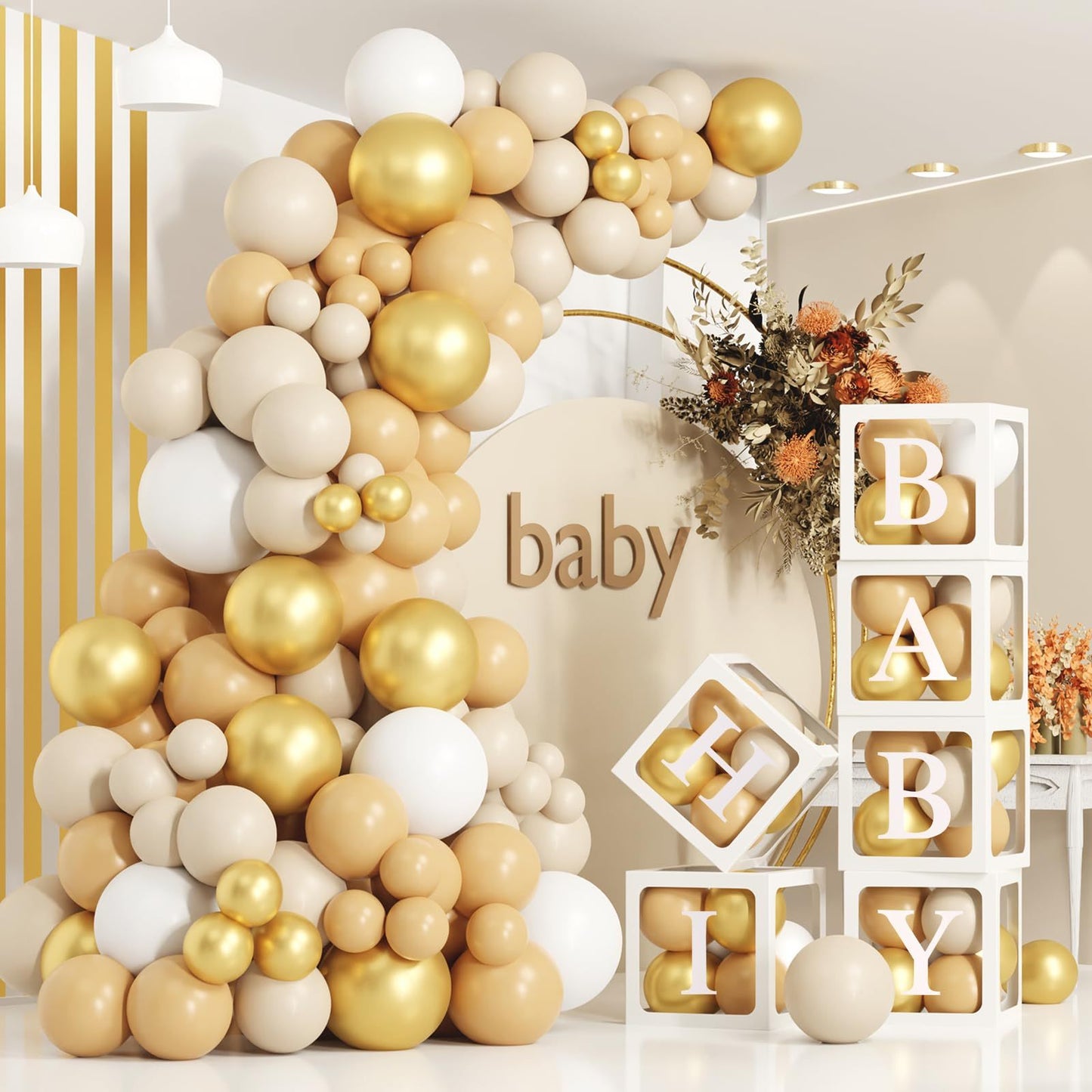 172pcs White Gold Balloon Box Decoration Set - 6 Clear Boxes, Letters & Balloons For Party, Birthday, Name Display