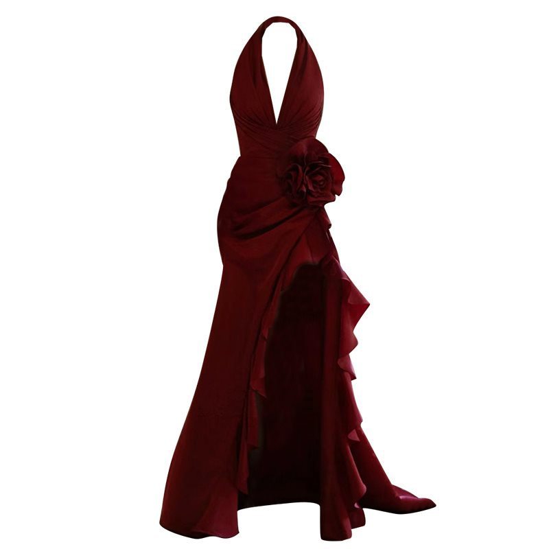 Socialite Style Wine Red Elegant Halter Bride Wedding Toast Dress