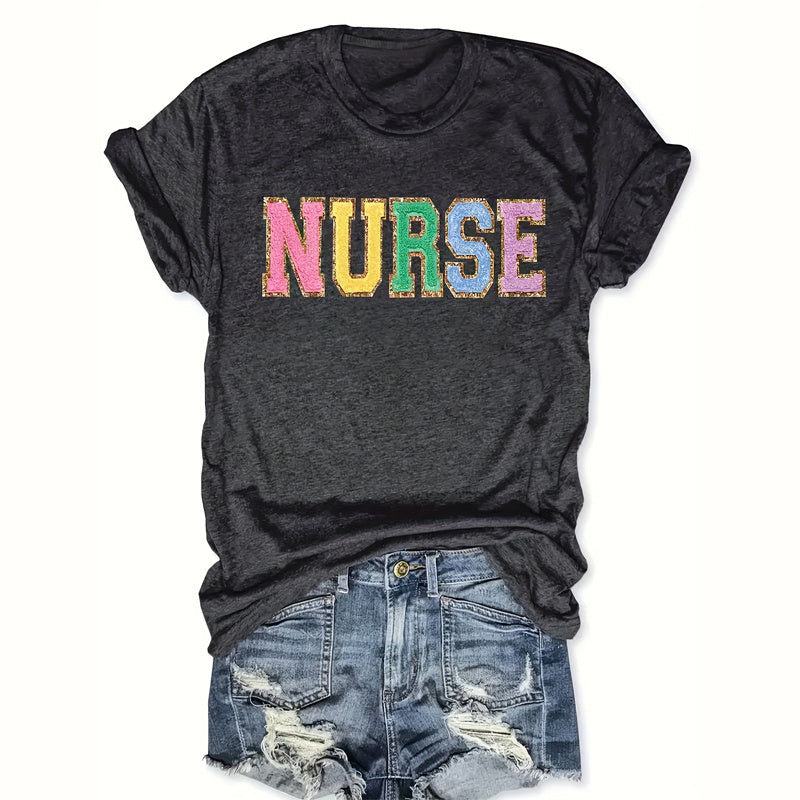 Women's Short Sleeve Round Neck T-shirt - 'NURSE' Printed Casual Summer Top