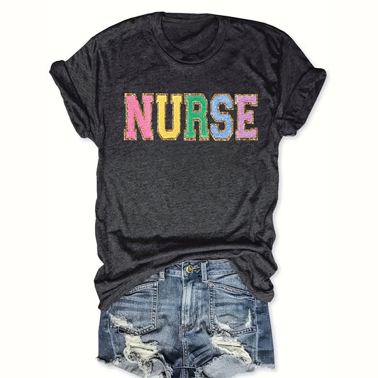 Women's Short Sleeve Round Neck T-shirt - 'NURSE' Printed Casual Summer Top