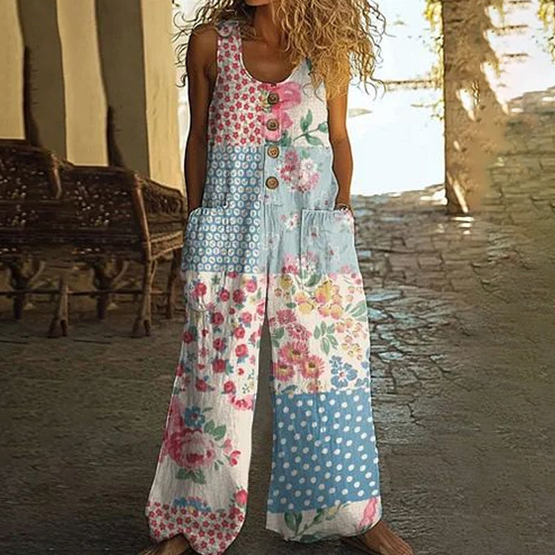 Women's Vintage Floral Jumpsuit - Sleeveless Button Front Romper With Pockets, Casual Loose Fit Long Pants Jumper