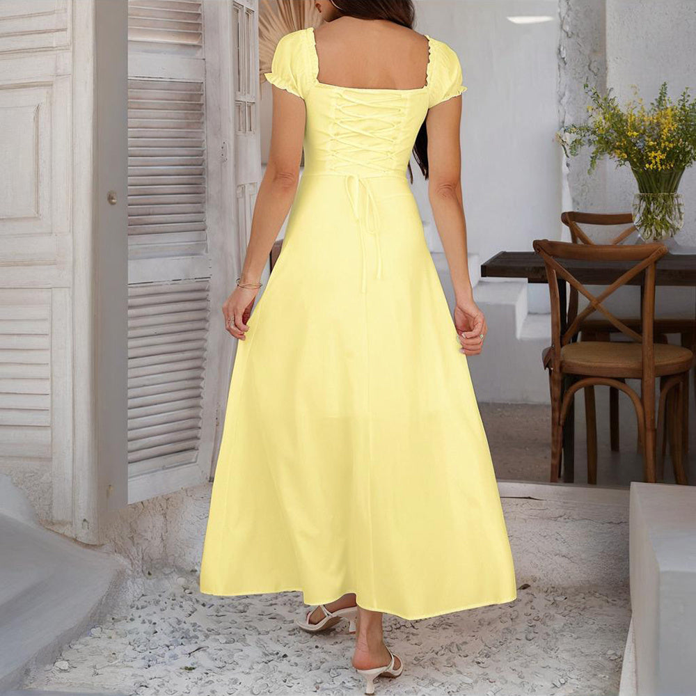 Women's Bohemian Backless Maxi Dress Flowy Ruffled Beach Dress With Adjustable Belt Summer Vacation Boho Dress For Casual Outings