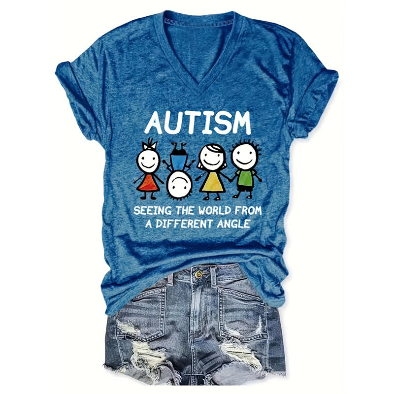 Women's V-Neck 'AUTISM' Letters & Cartoon Children Print Tee Supportive Summer Top