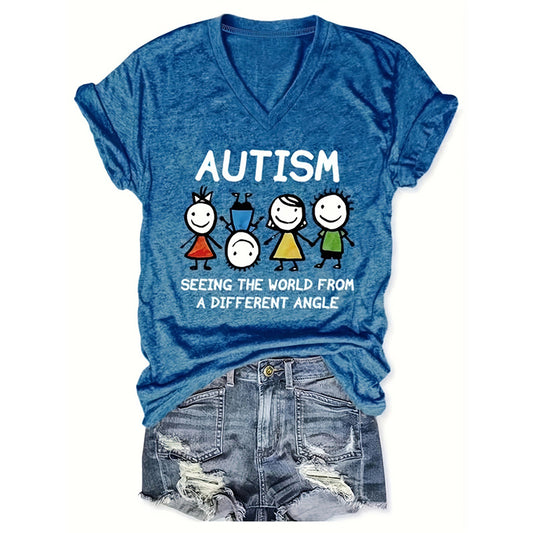 Women's V-Neck 'AUTISM' Letters & Cartoon Children Print Tee Supportive Summer Top