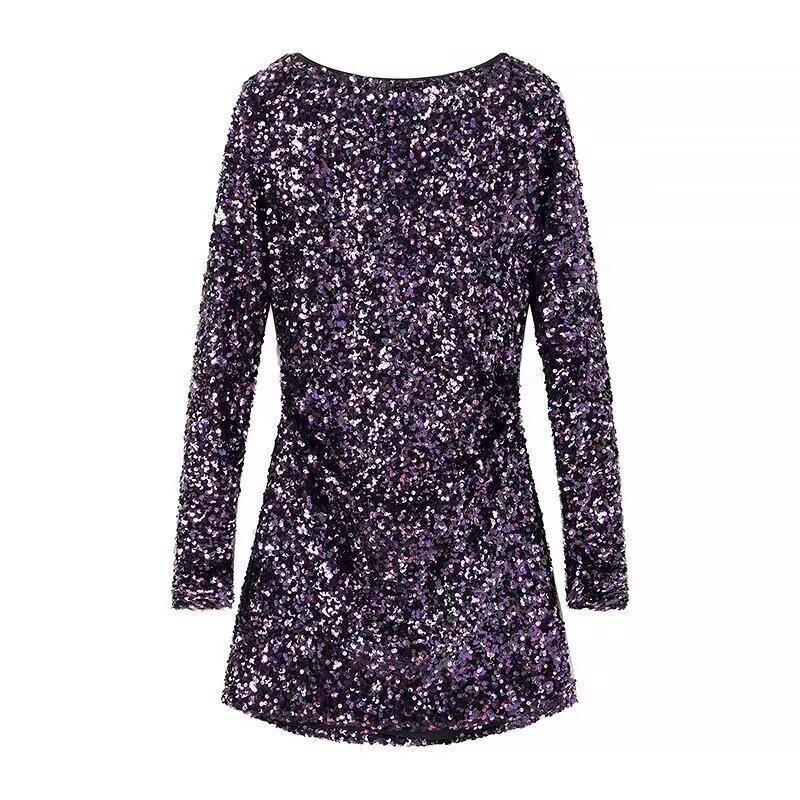 French Style Retro Crew Neck Long Sleeve Sequined Backless Dress