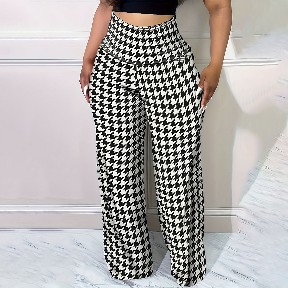 Plus Size Bird Check Comfortable Loose Women's Straight Leg Pants