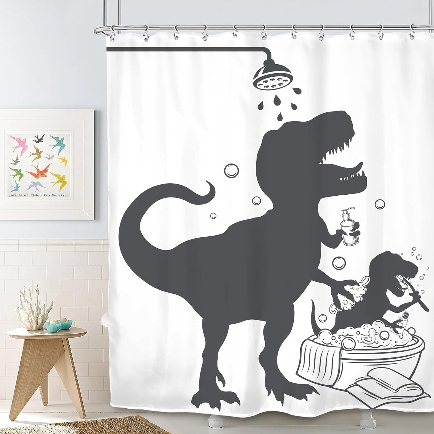 1pc Dinosaur Bath Silhouette Printed Shower Curtain, Waterproof Bathroom Shower Curtain With Hooks, Bathroom Accessories, Room Decor