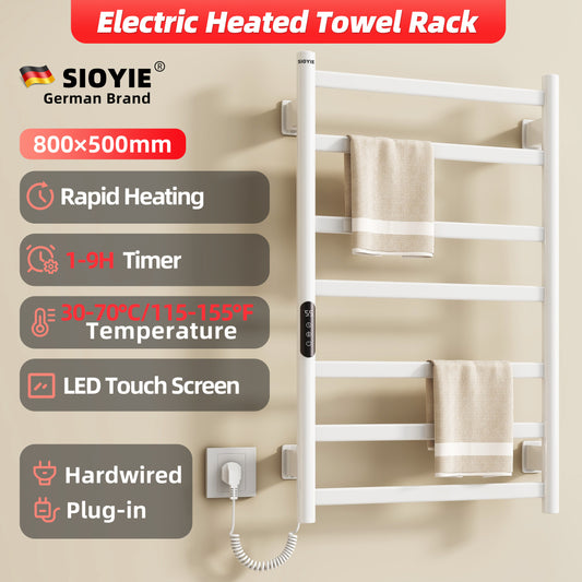 SIOYIE Towel Warmer Bathroom Wall Mounted 6 Bars Electric Towel Drying, 150 W 500 800 MM Heated Towel Rack With Intelligent Touch Screen Timer And Temperature Control White Left