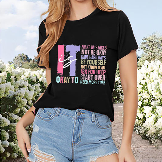 Women's Letter Print Round Neck T-Shirt Casual Short Sleeve Tee