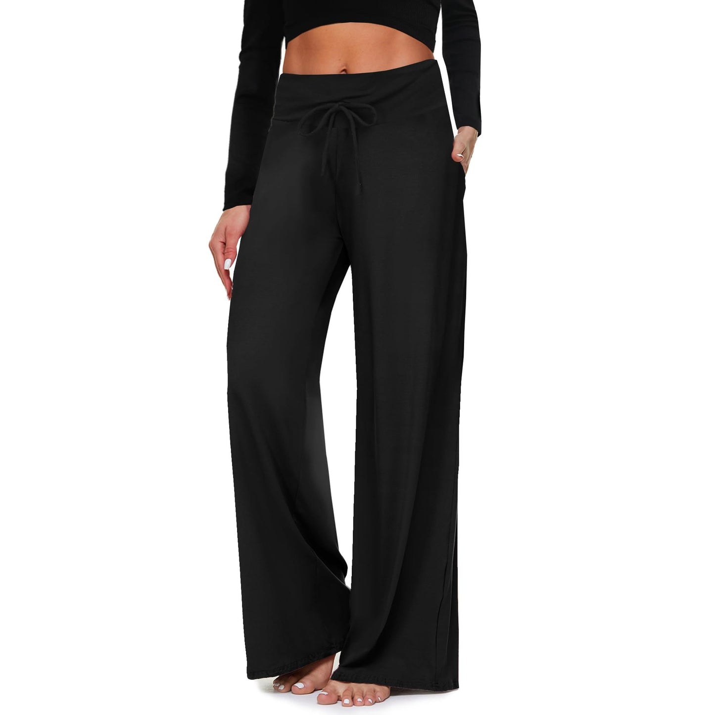 Wide-leg Pants - Cropped Solid Black