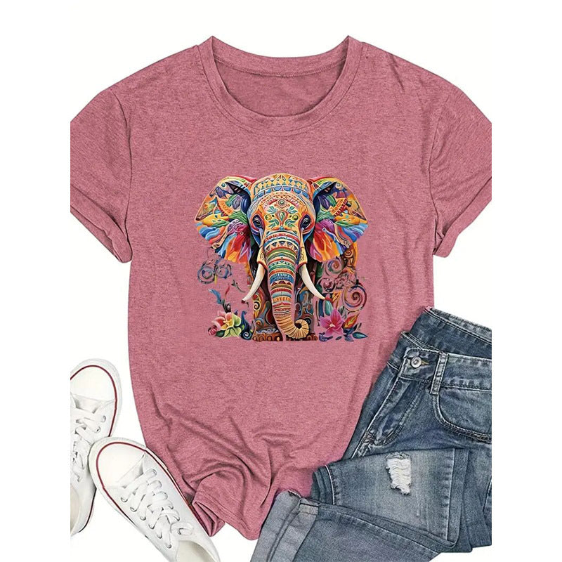 Women's Round Neck Short Sleeve T-Shirt With Colorful Elephant Print, Casual Summer Top
