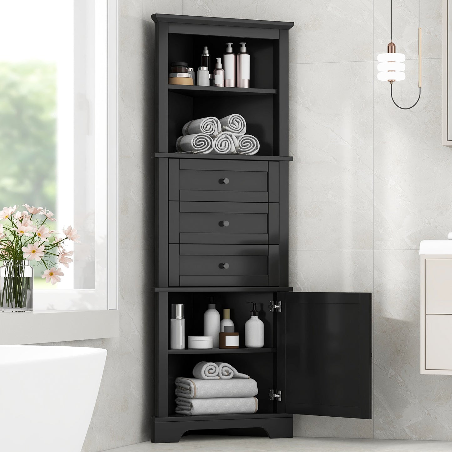 Black Triangular High Cabinet With 3 Drawers And Adjustable Shelves, Suitable For Bathroom, Kitchen Or Living Room, Prohibited Platform Temu