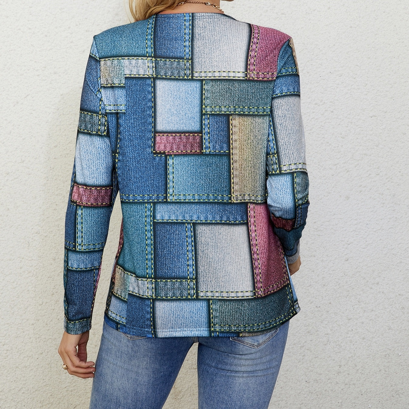 Ladies' V-neck Zipper Decoration Geometric Print Fashionable Casual T-shirt Top