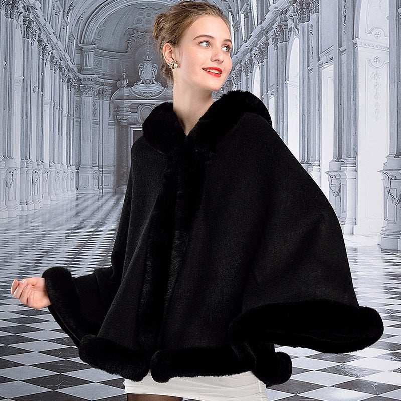 European And American Hooded Cloak Rex Rabbit Fur Fashion Shawl