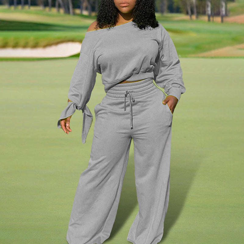 Women's One-Shoulder Casual Set - Solid Color Long Sleeve Top & Elastic Waist Pants With Drawstring & Pockets For Spring & Fall