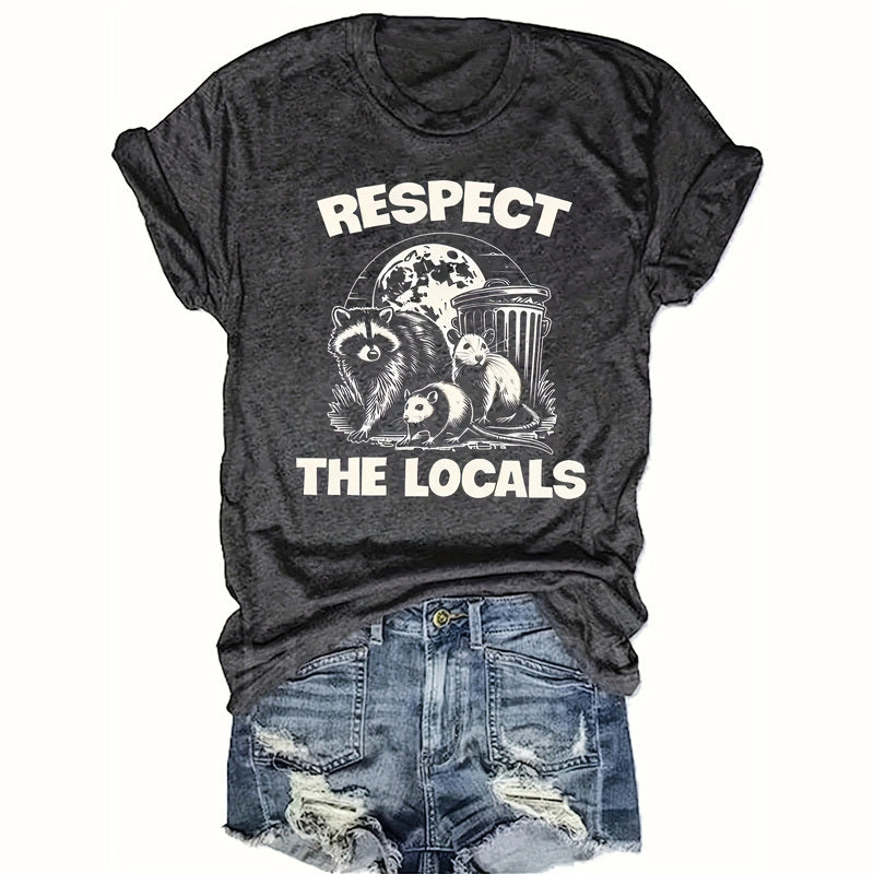 Women's 'RESPECT THE LOCALS' Rodent Print Round Neck Tee - Summer Casual T-Shirt