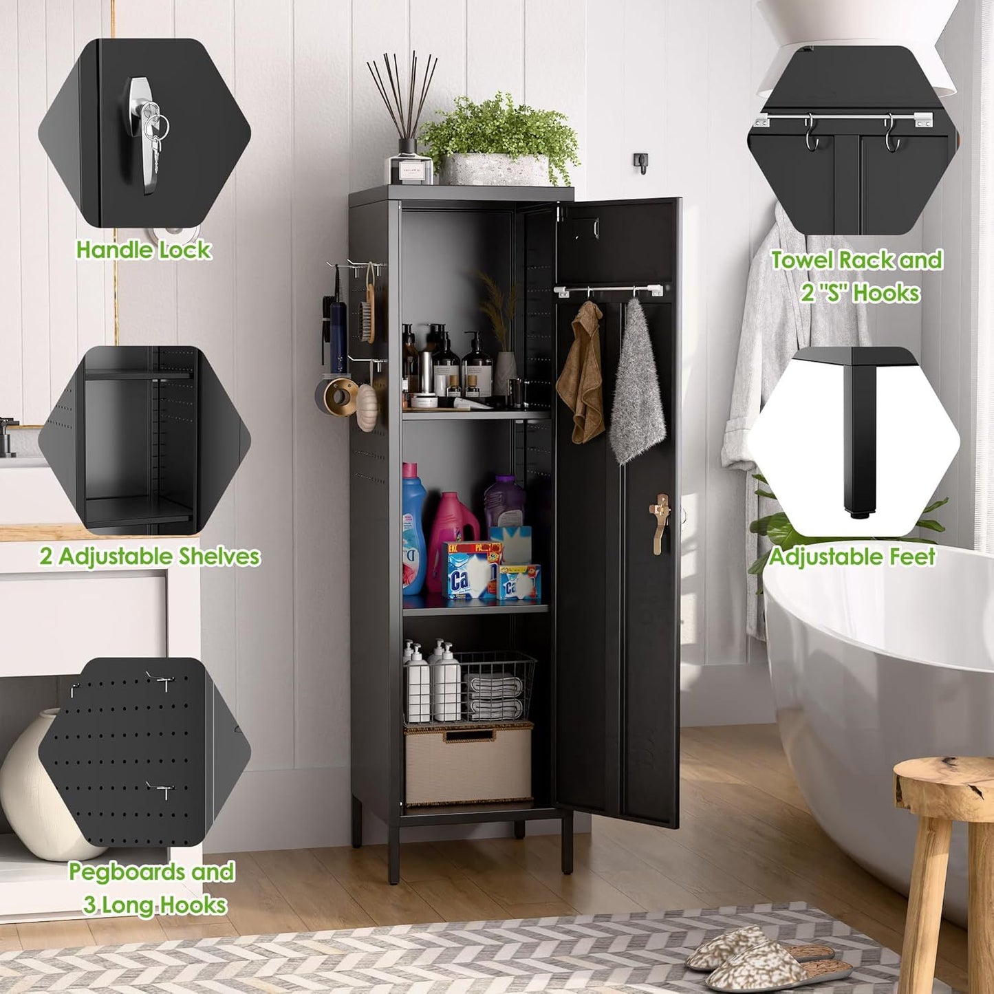 Metal Lockers For Employees With Handle,Metal Storage Locker With 2 Pegboard & 5 Hooks For Gym, School, Office,Home,Garage,Black