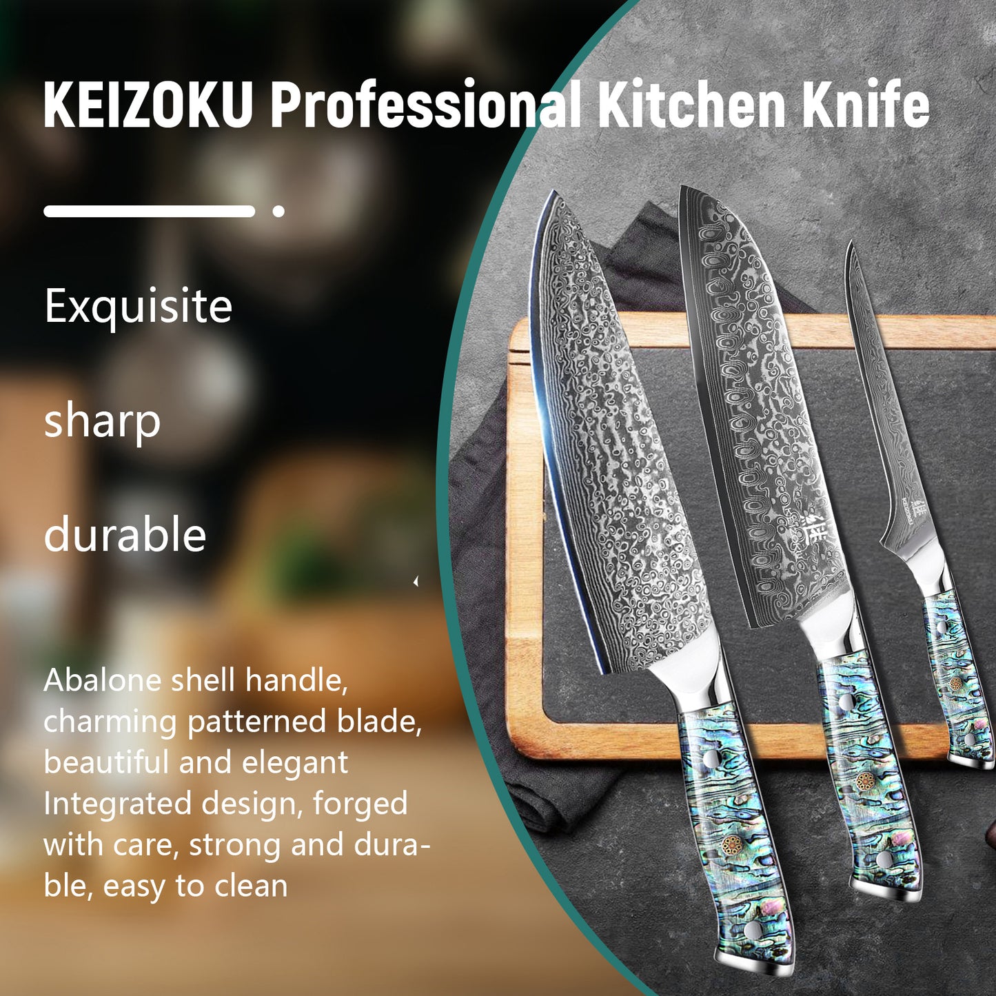 Damascus Steel Chef Knife 8 Inch, Santoku Knife, Boning Knife, Japanese Professional 10Cr15MOV Blade With Hand Forged Hammer Pattern, Ultra Sharp Kitchen Knife With Abalone Shell Ergonomic Handle