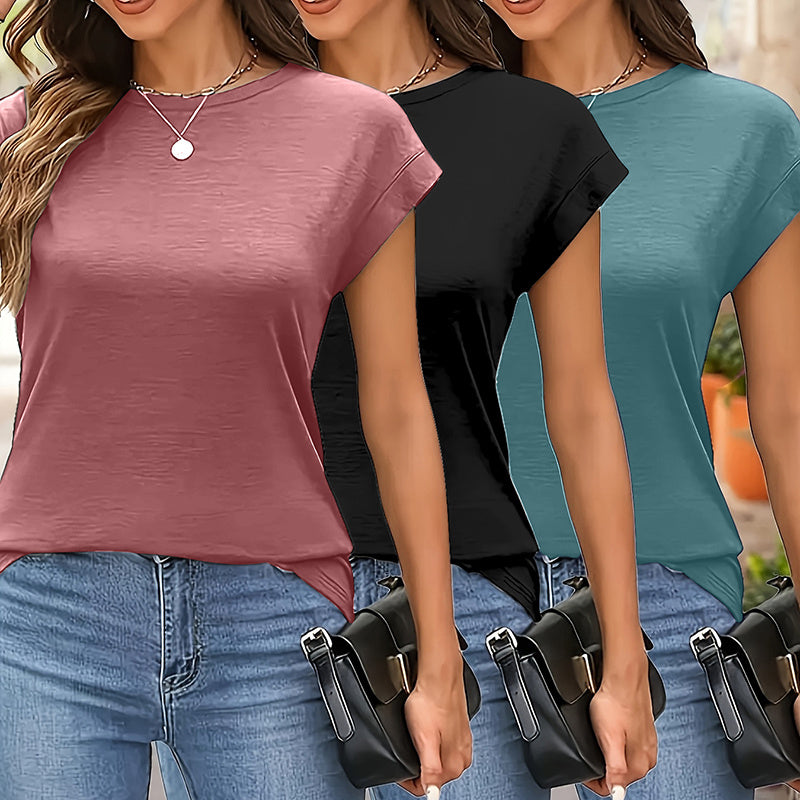 Women's 3-Pack Round Neck Solid Color Short Sleeve T-Shirts - Basic Casual Summer Tops