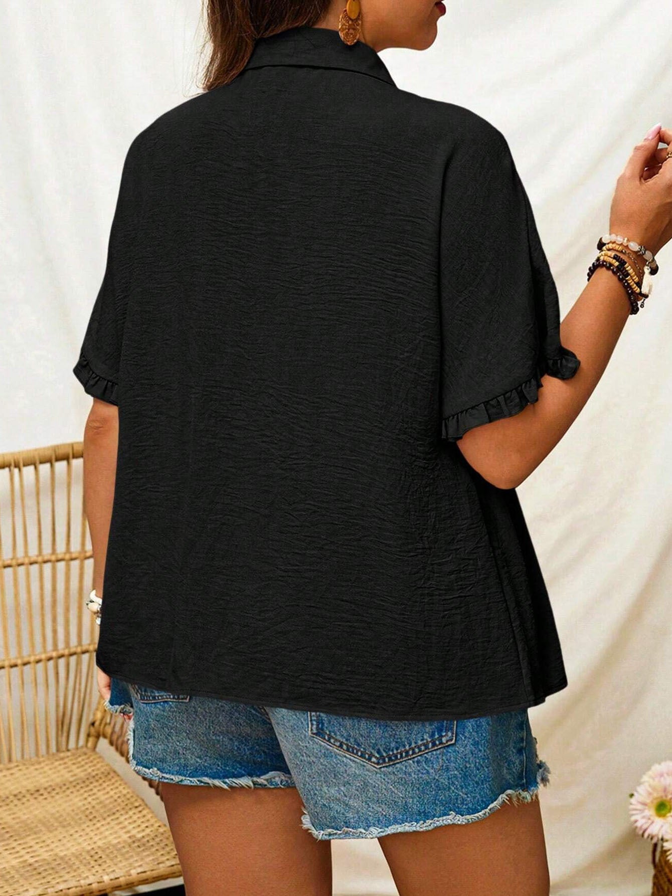 Women's Plus Size Buttoned Collar Shirt - Summer Fashion Casual Office Short Sleeve Top