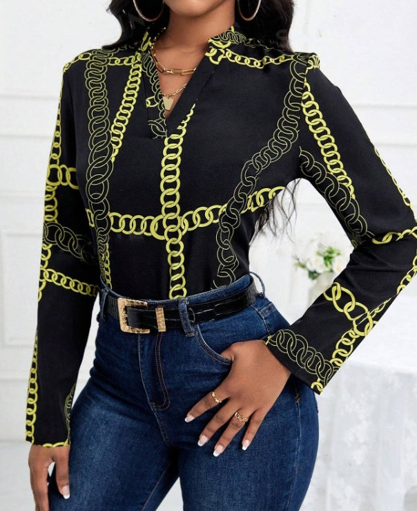 Ladies' Chain V-neck Printed Fashion Shirt