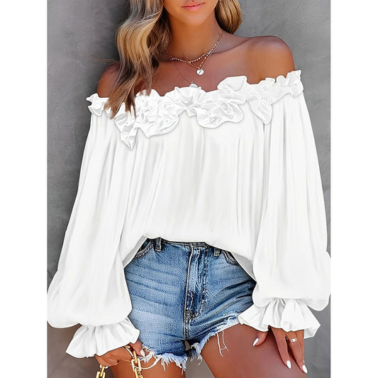 Women's Summer Off Shoulder Top Ruffle Long Sleeve Blouse Casual Loose Shirts