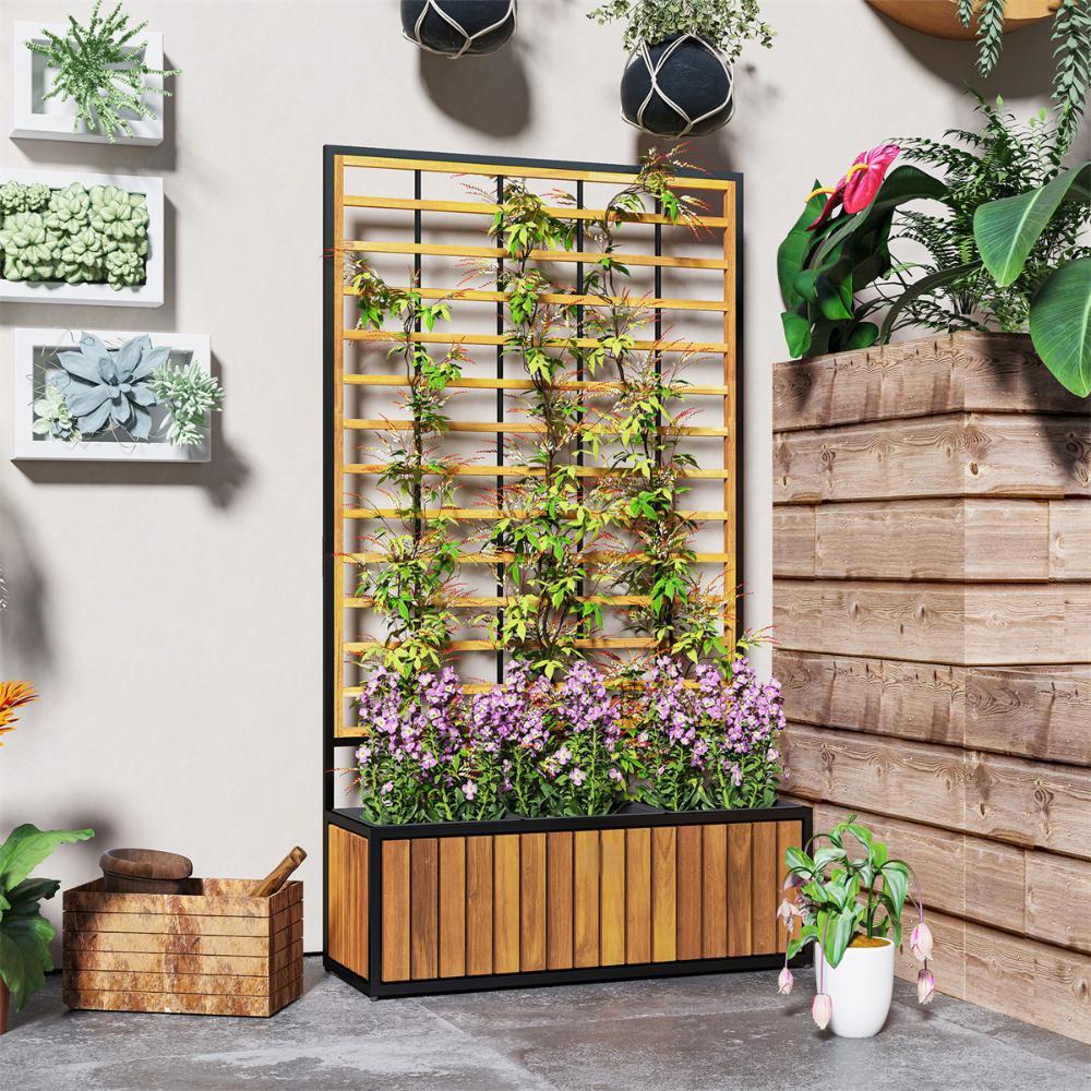 Wooden Raised Garden Bed With Trellis, Removable Pots For Backyard-Teak