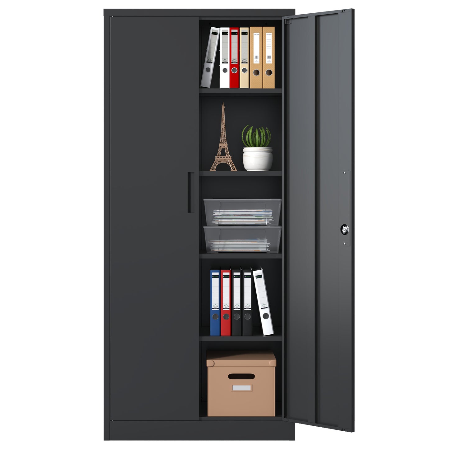 Metal Garage Storage Cabinet, Black Tool Steel Locking Cabinet With Doors And 4 Shelves, Tall Cabinets For Garage Storage Systems Lockable File Cabinet For Home Office, Classroom Pantry