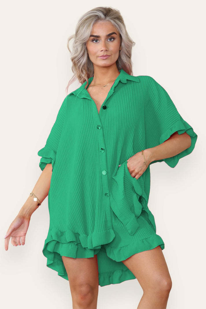 Button Pleated Frilled Ruffle Short Sleeves Shirt Top And Short Co-Ord Set