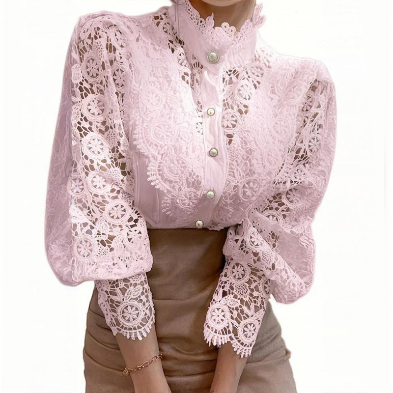 Elegant Women's Vintage Pearl Button Lace Blouse - Puff Sleeve Semi-Sheer Ruffled Stand Collar Shirt Spring&Summer Office & Vacation Top