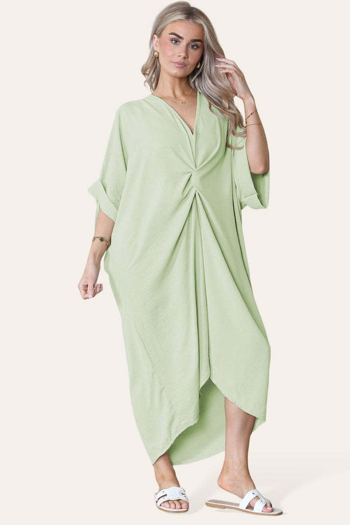 Womens V-Neck Tie Knotted Twisted Front Oversized Longline Midi Dress