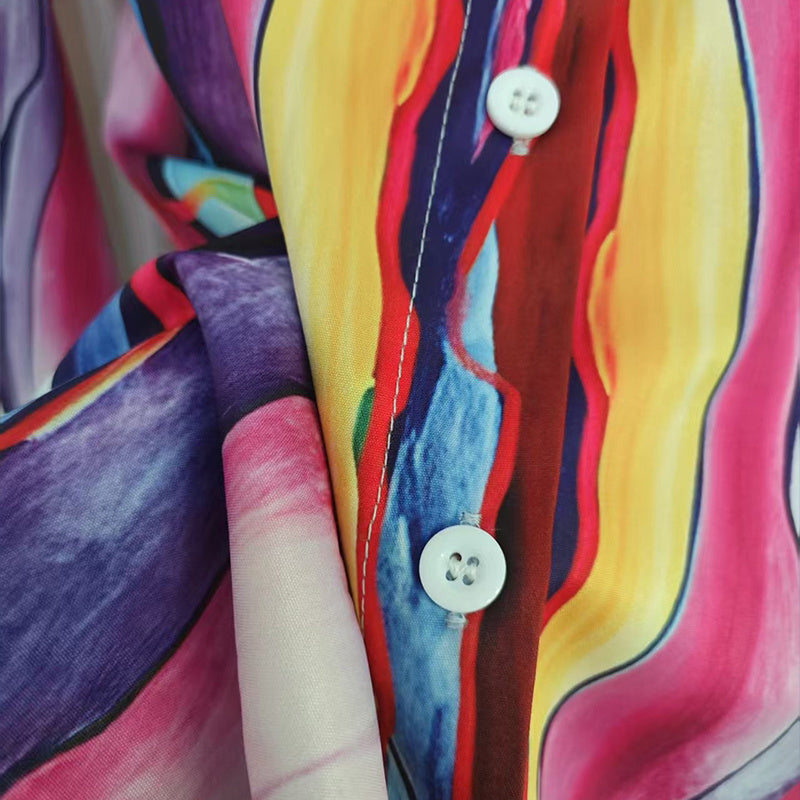 Women's Lapel Collar Printed Long Sleeve Shirt - Vibrant Colorful Pattern Button-Up Blouse Stylish Spring&Summer Vacation Top