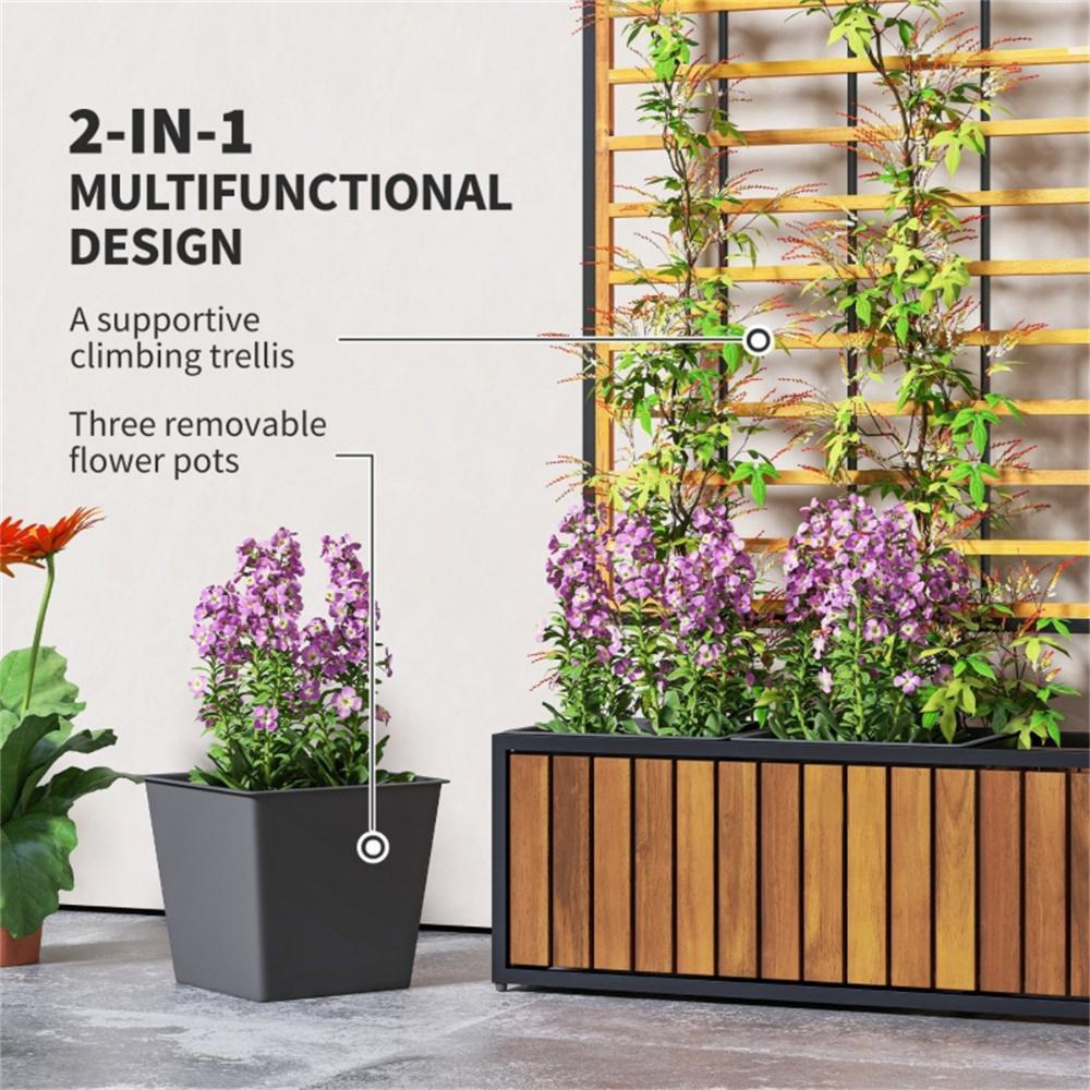 Wooden Raised Garden Bed With Trellis, Removable Pots For Backyard-Teak