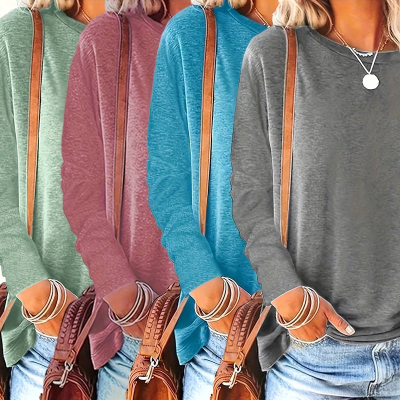 4 Pack Women's Solid Color Casual Set Round Neck Long Sleeve Tops For Spring&Fall