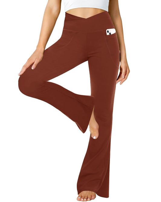 Flared Pants - Cropped Crossover Waist Pockets Solid Rust Color