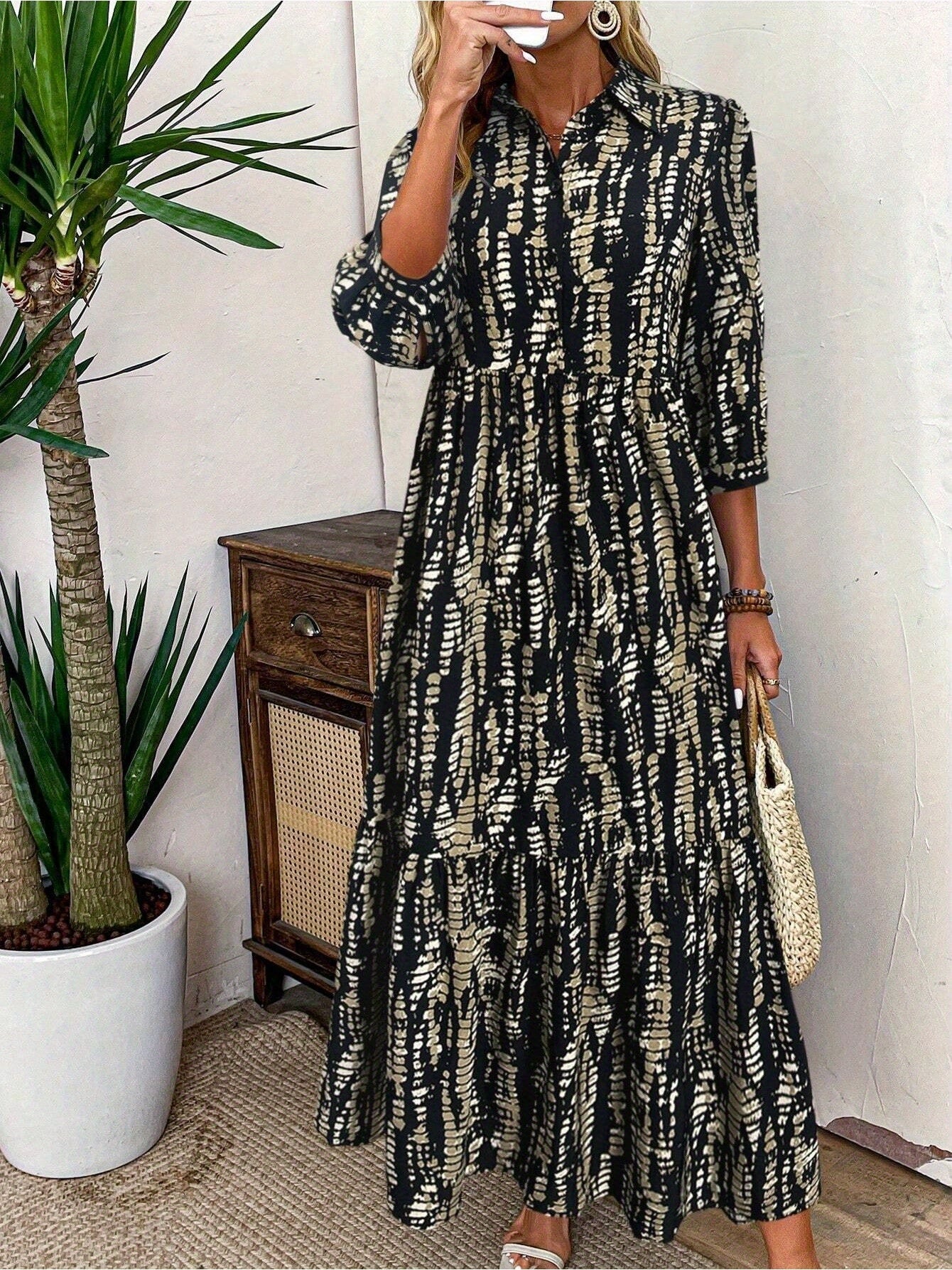 Women's Random Tie-Dye Print Spring And Summer Three-Quarter Sleeve Casual Shirtdress