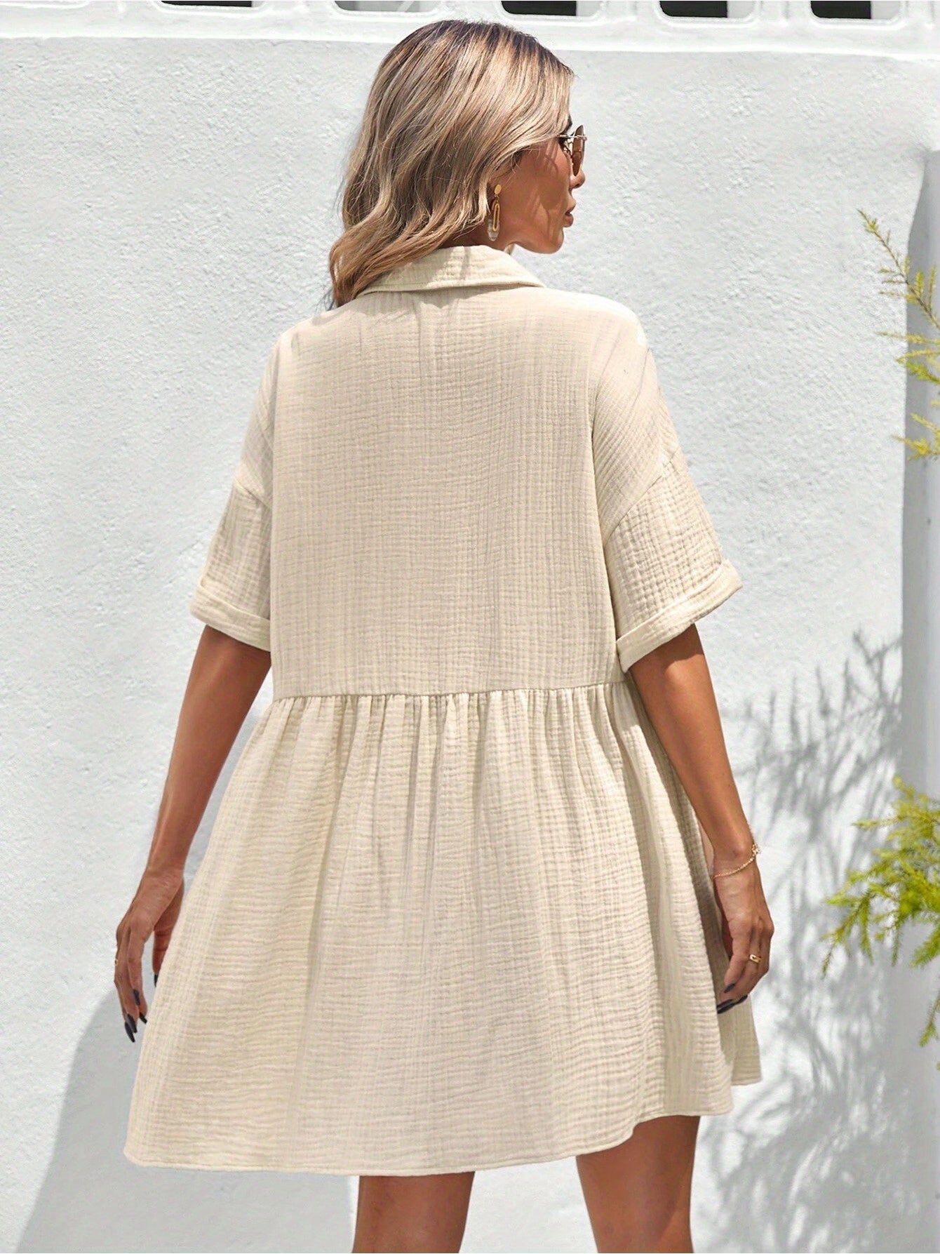 Women's Holiday Loose Solid Color Casual Summer Shirt Dress With Ruffles