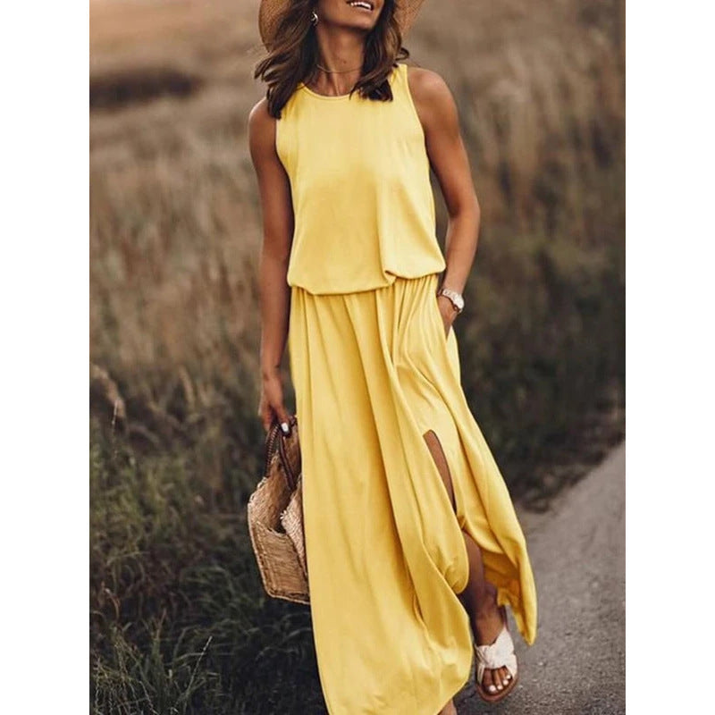 Women's Maxi Dress Summer Sleeveless Crewneck Sundress Casual Loose Long Dresses With Pockets