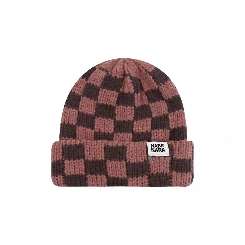 Chessboard Plaid Knitted Hat Women's Autumn And Winter Korean Style