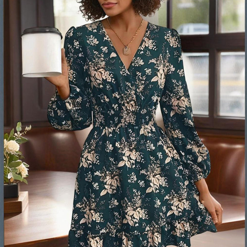 Women's V-Neck Floral Print Long Sleeve Dress With Lantern Sleeves, Ruffled Elastic Waist A-Line Midi Boho Summer Dress